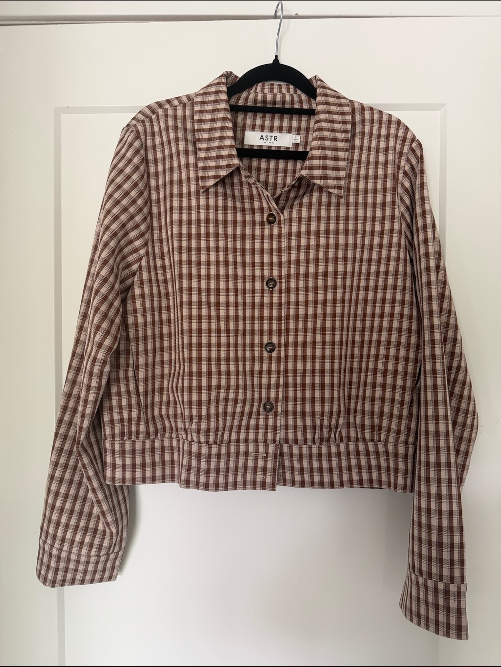 Astr Brown Plaid Cropped Button Jacket